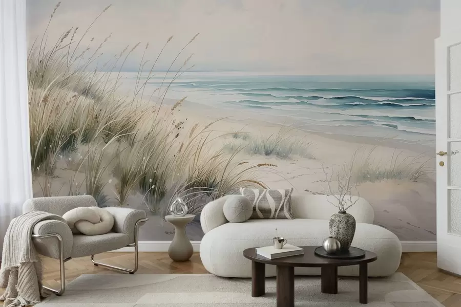 Fototapeta Piaszczysta plaża z falami i wydmami w05537