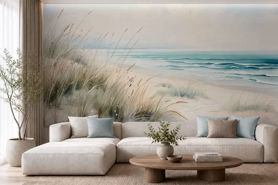 Fototapeta Piaszczysta plaża z falami i wydmami w05537