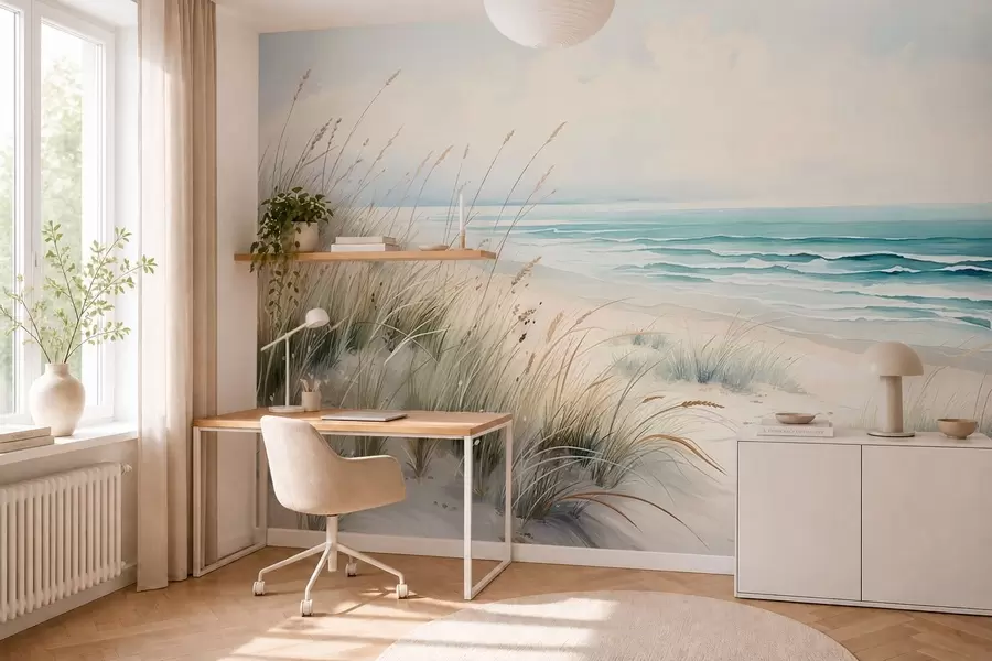 Fototapeta Piaszczysta plaża z falami i wydmami w05537