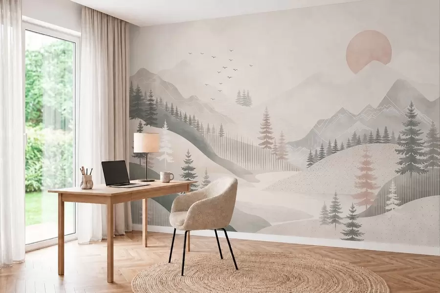 Fototapeta Minimalistyczny górski krajobraz z sosnami w05626
