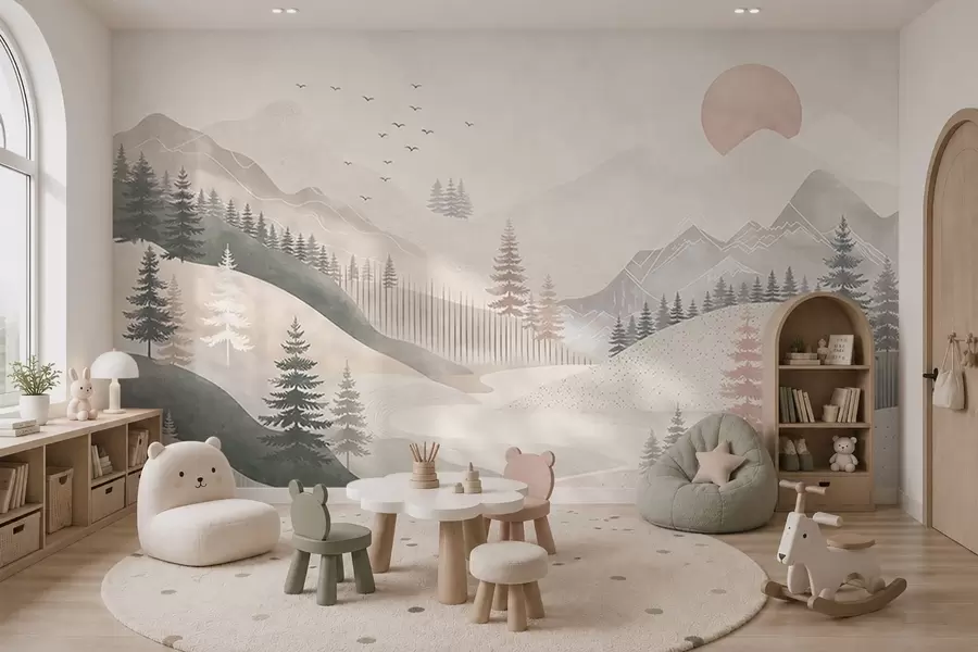 Fototapeta Minimalistyczny górski krajobraz z sosnami w05626