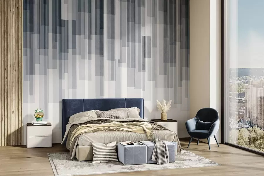Fototapeta Teksturowane pionowe prostokąty o różnym stopniu przezroczystości i odcieniach niebieskiego, sztuka abstrakcyjna w09889v2