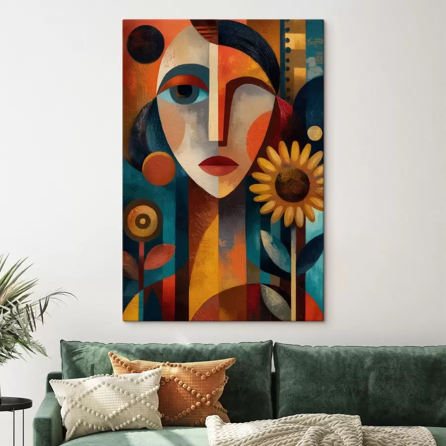 Obraz Abstrakcyjny portret dziewczyny z kwiatami w stylu etnicznym s49227