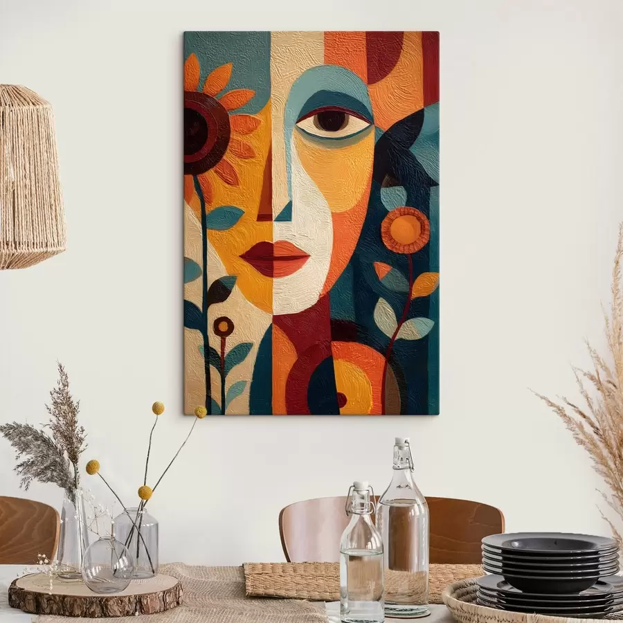 Obraz Abstrakcyjny portret dziewczyny z kwiatami w stylu etnicznym s49228