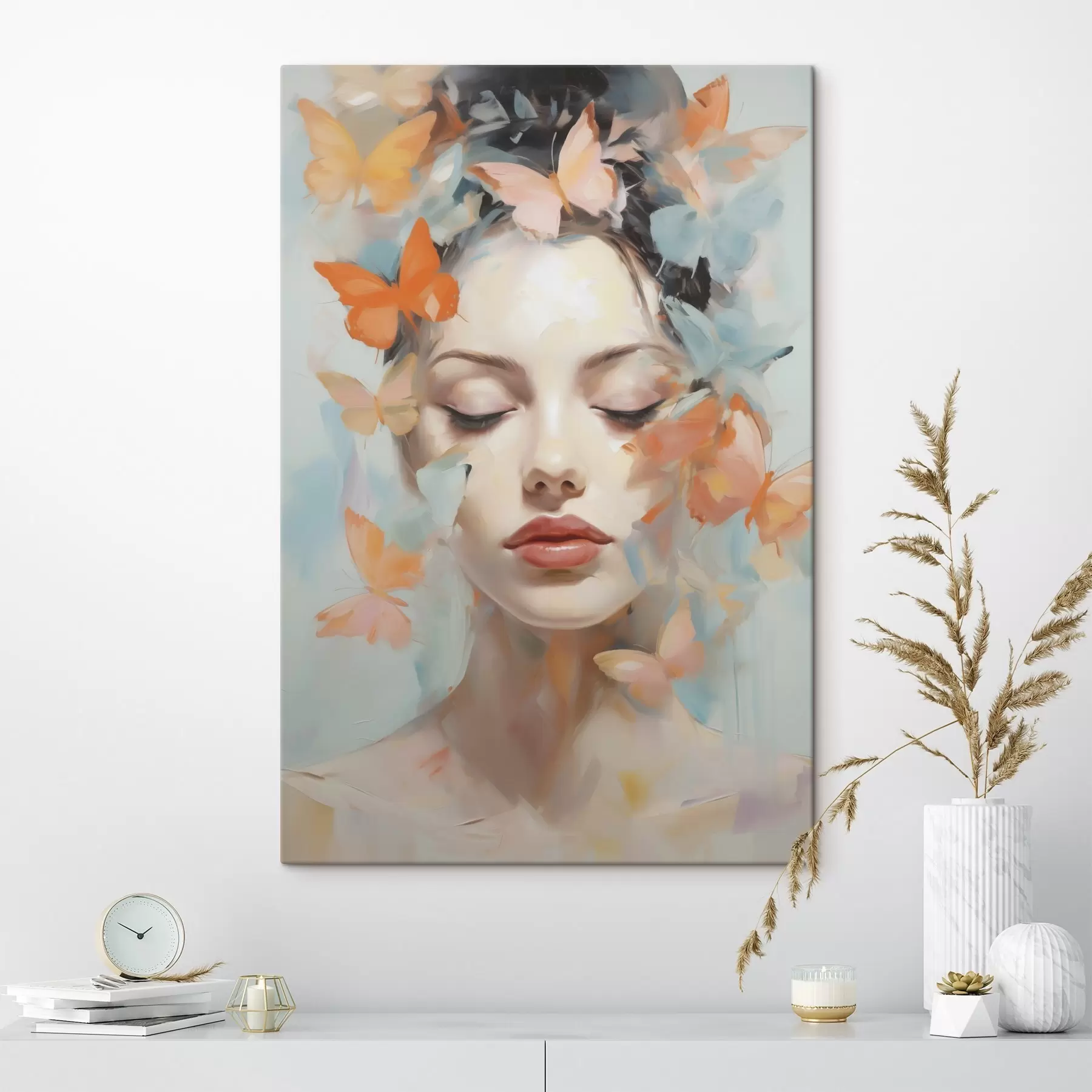 Obraz Abstrakcyjny portret dziewczyny z motylami, imitacja obrazu s49403