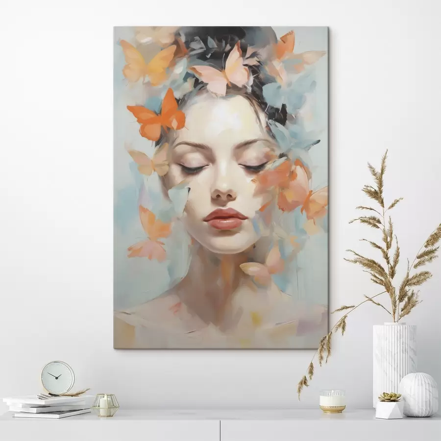 Obraz Abstrakcyjny portret dziewczyny z motylami, imitacja obrazu s49403
