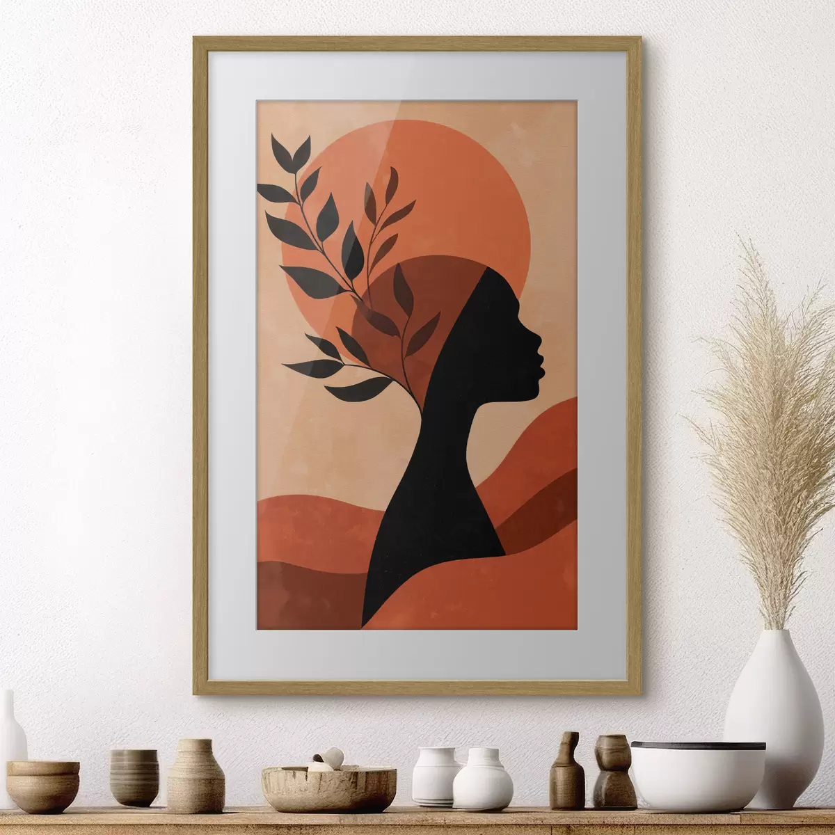 Plakat Sylwetka kobiety z liśćmi f49440