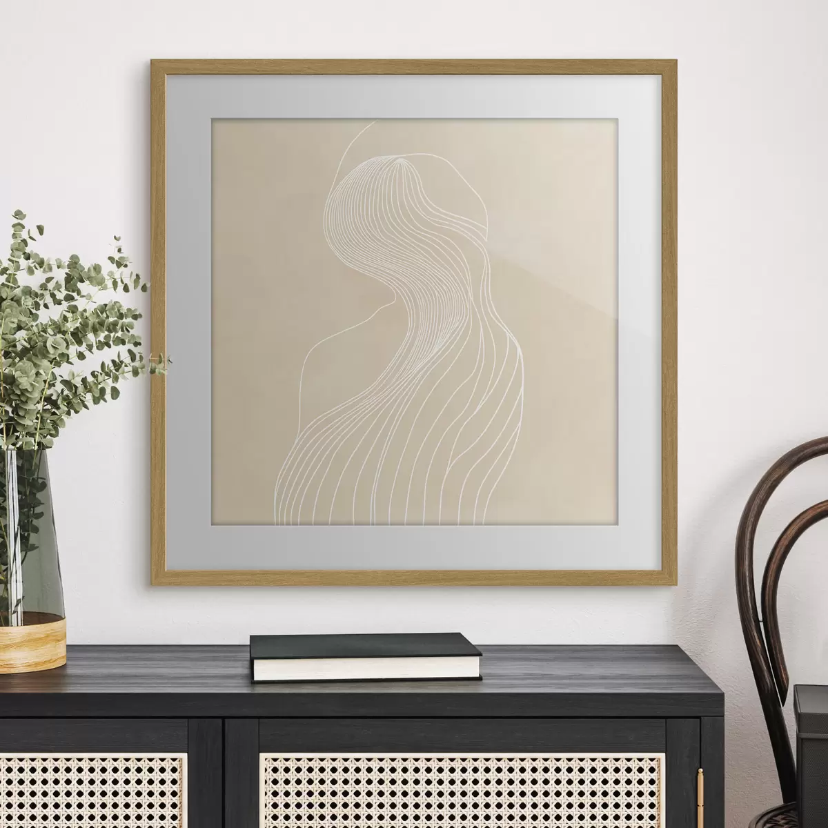 Plakat Abstrakcyjna sylwetka kobiety narysowana białymi liniami w stylu minimalistycznym f48875