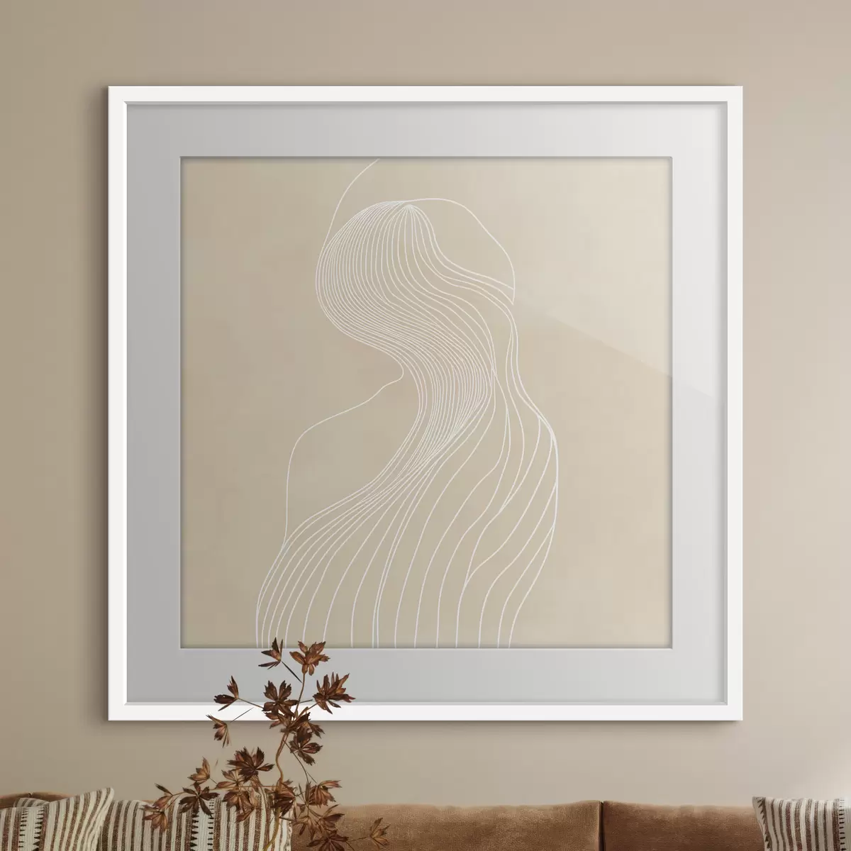 Plakat Abstrakcyjna sylwetka kobiety narysowana białymi liniami w stylu minimalistycznym f48875