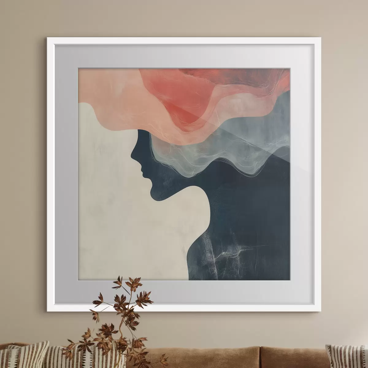 Plakat Abstrakcyjna sylwetka kobiety z koralowymi i niebieskimi falami w minimalistycznym stylu f48882