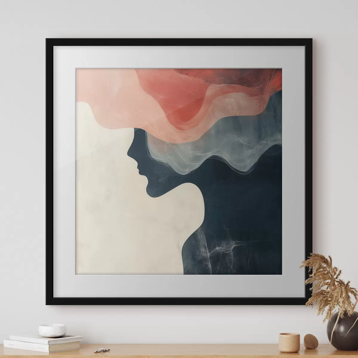 Plakat Abstrakcyjna sylwetka kobiety z koralowymi i niebieskimi falami w minimalistycznym stylu f48882