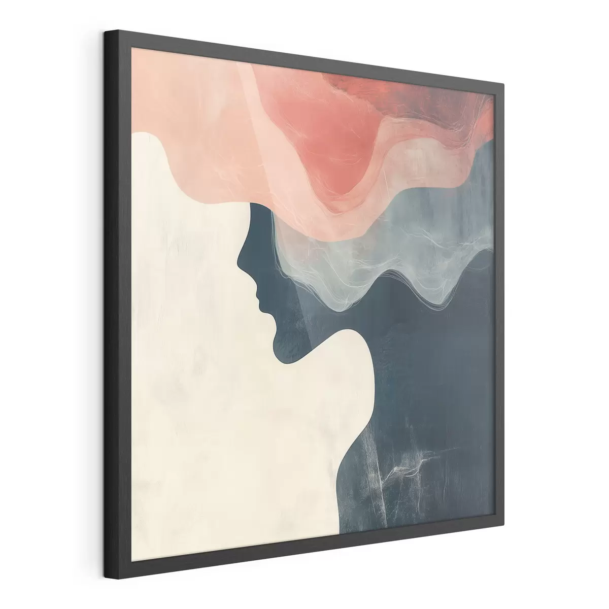 Plakat Abstrakcyjna sylwetka kobiety z koralowymi i niebieskimi falami w minimalistycznym stylu f48882