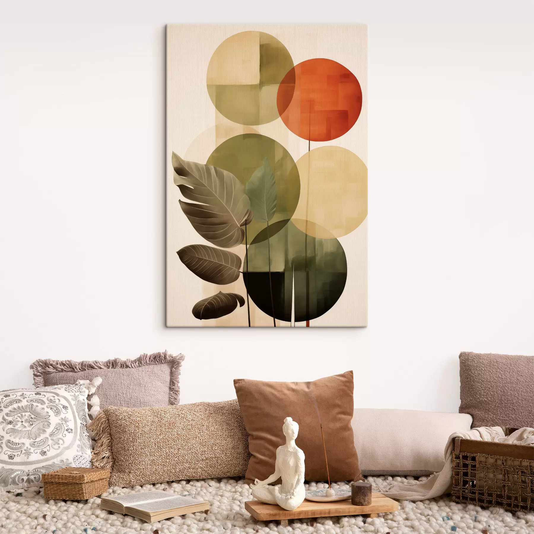 Obraz Liście na geometrycznym tle, w stylu abstrakcyjnej sztuki współczesnej s49491