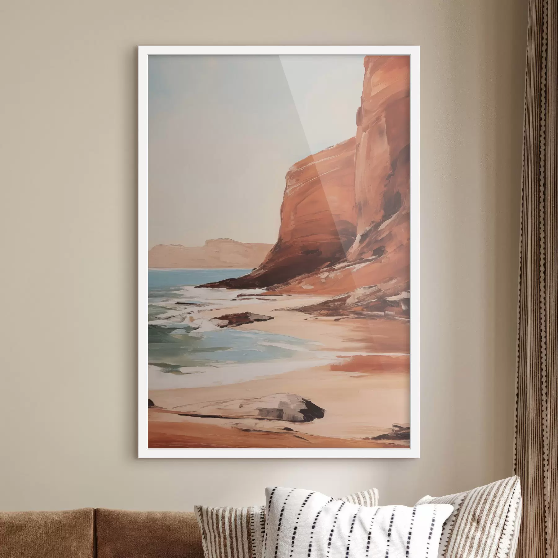 Fototapeta Krajobraz z klifami i falami rozbijającymi się o piaszczystą plażę, przy spokojnym morzu f49476
