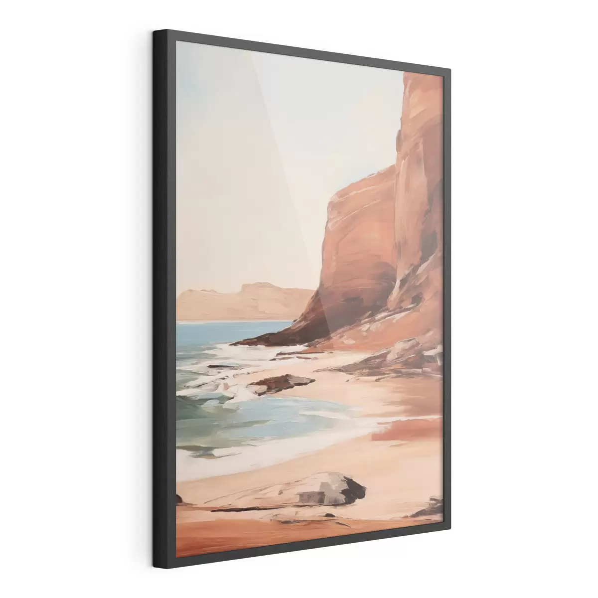Plakat Krajobraz z klifami i falami rozbijającymi się o piaszczystą plażę, przy spokojnym morzu f49476