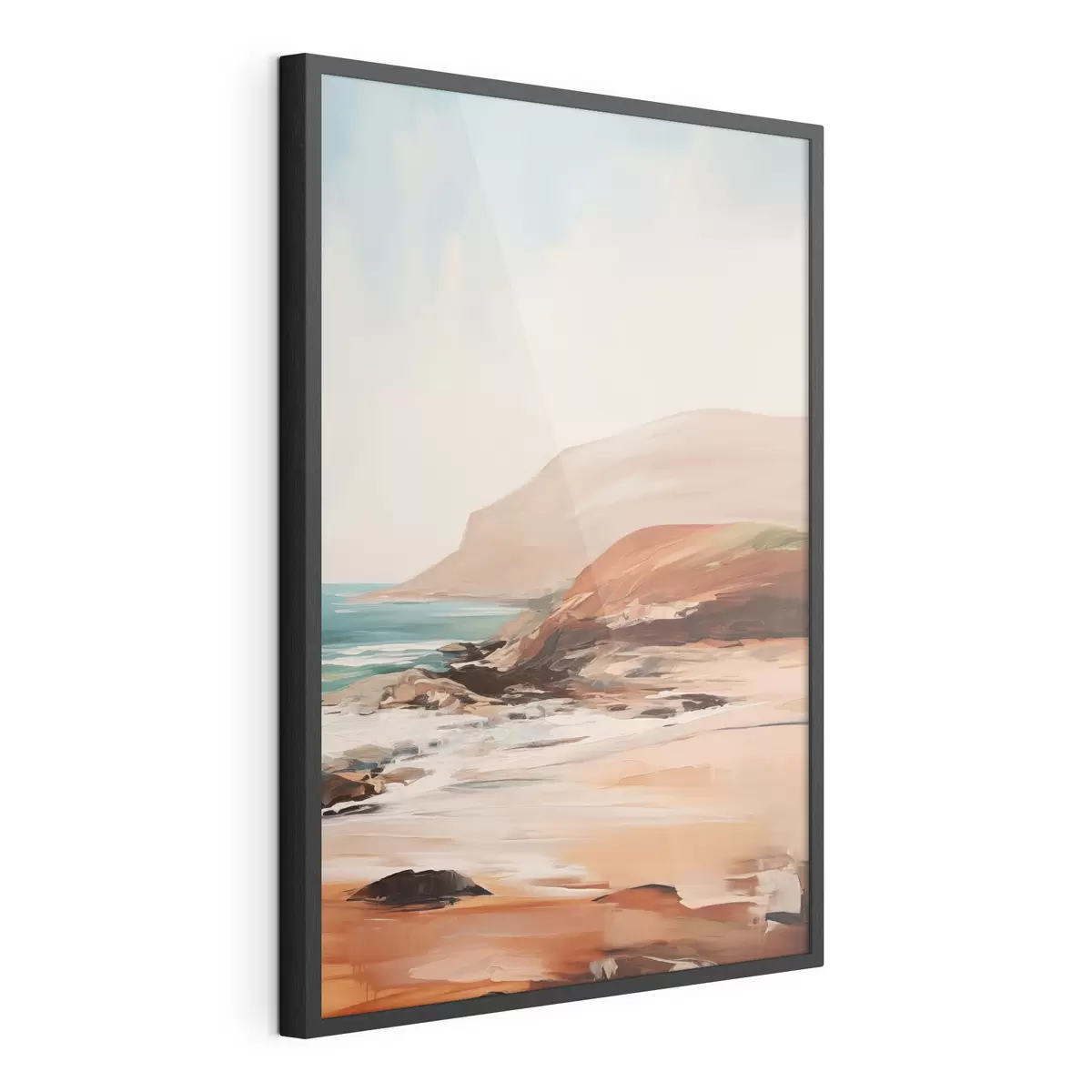 Plakat Krajobraz z klifami i falami rozbijającymi się o piaszczystą plażę, przy spokojnym morzu f49477