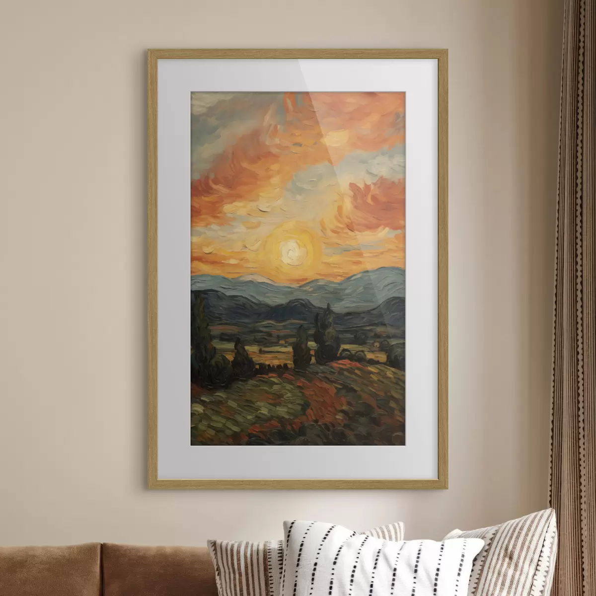 Plakat Żywa sceneria, pomarańczowo-żółte niebo ze słońcem, stylizowana grafika z teksturą f49479