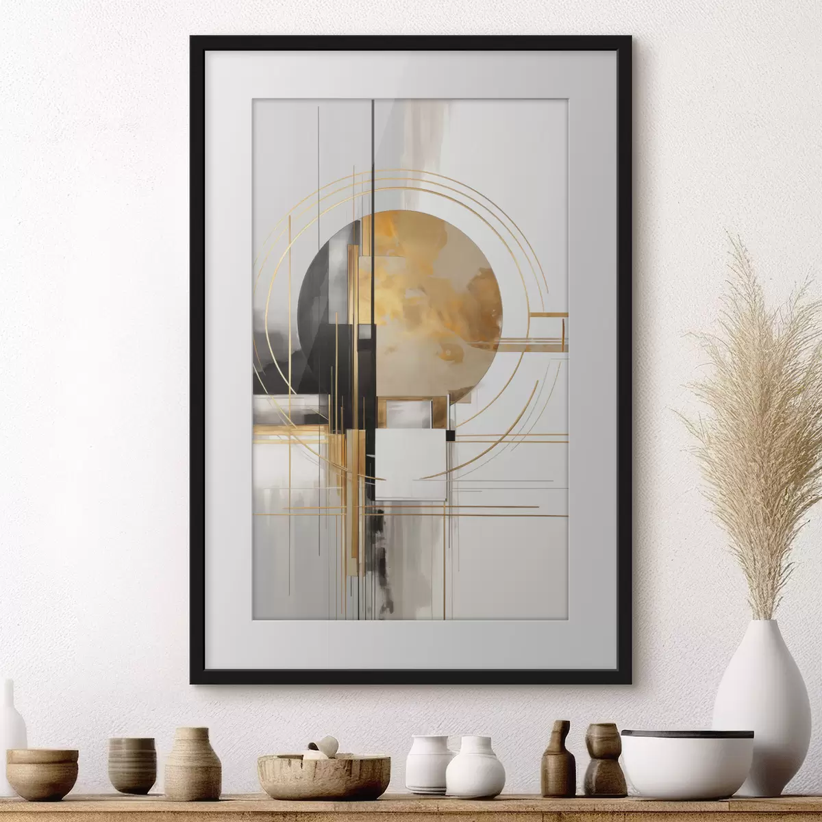 Plakat Abstrakcyjne kształty geometryczne i koła z żółtymi akcentami, grafika z fakturą f49481