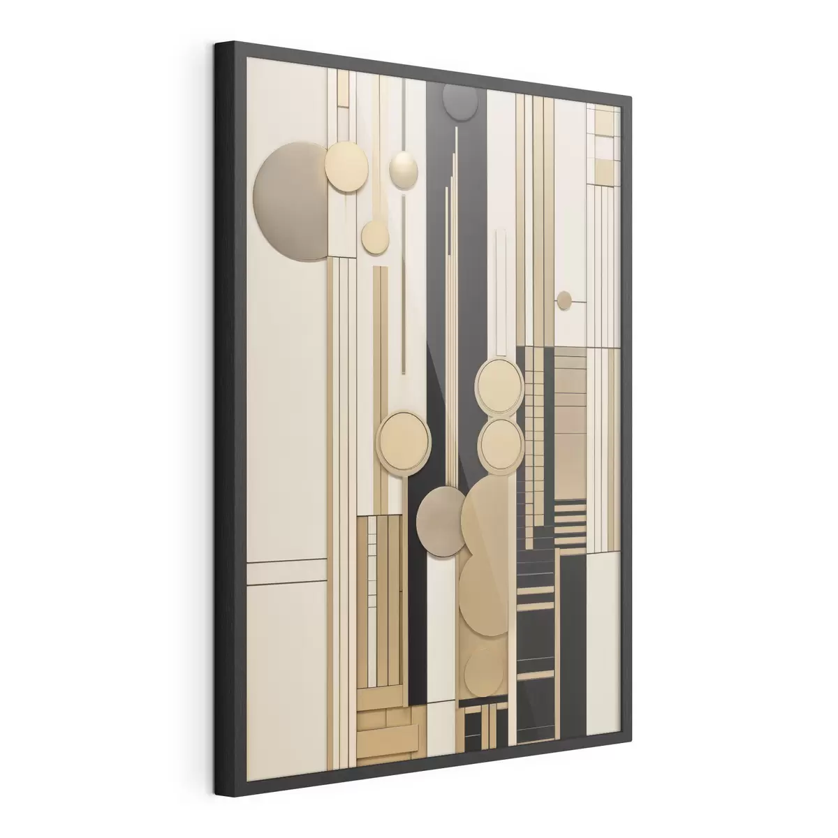 Plakat Abstrakcyjna kompozycja geometryczna złożona z okręgów, prostokątów i pionowych linii f49483