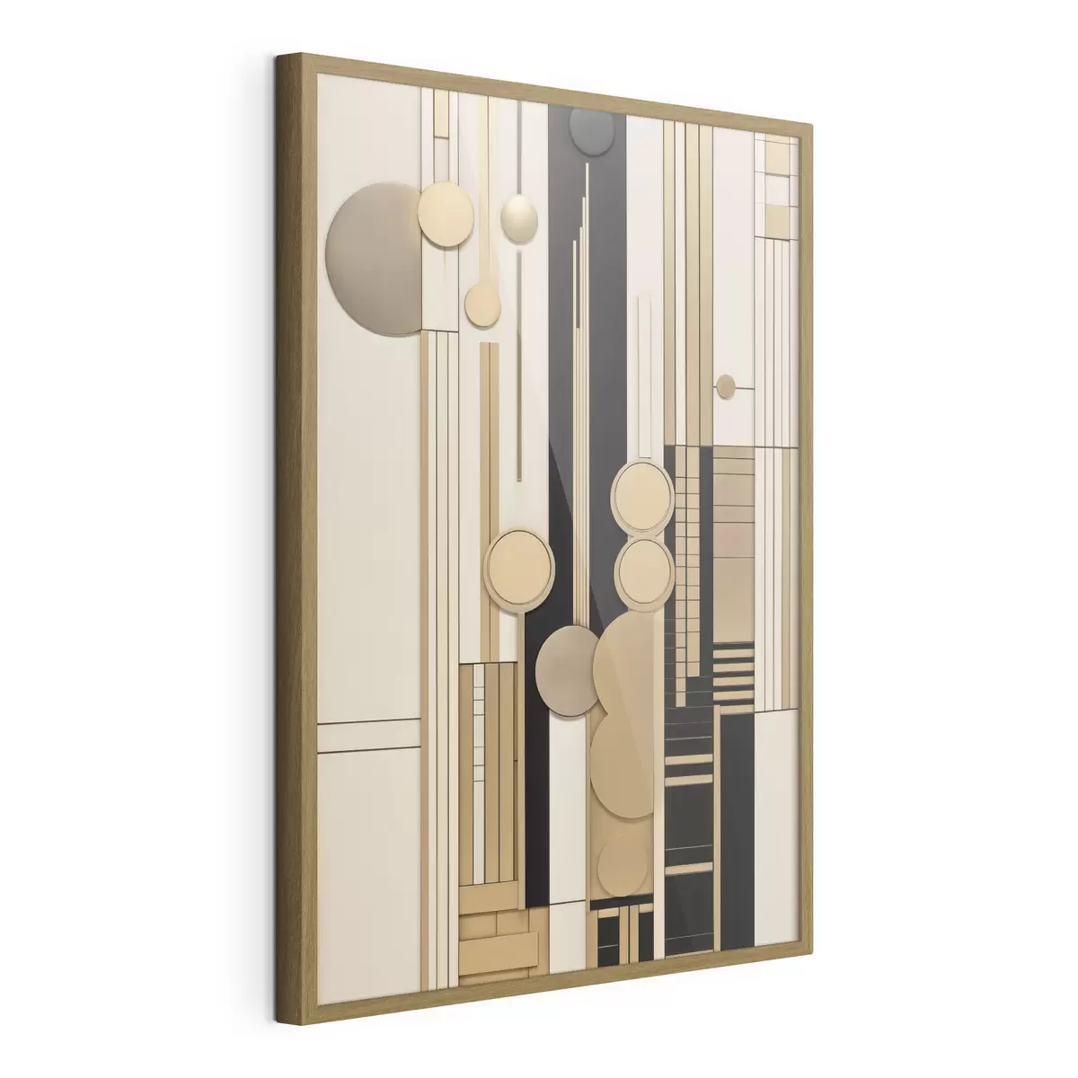 Plakat Abstrakcyjna kompozycja geometryczna złożona z okręgów, prostokątów i pionowych linii f49483