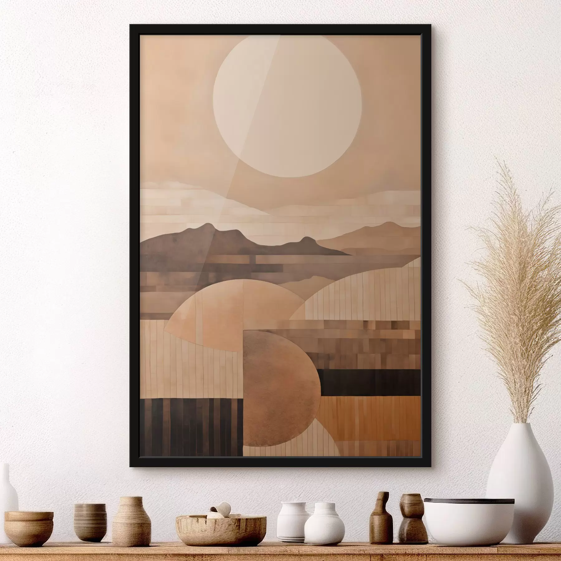 Fototapeta Minimalistyczny pejzaż z geometrycznymi kształtami, góry w odcieniach sepii f49484