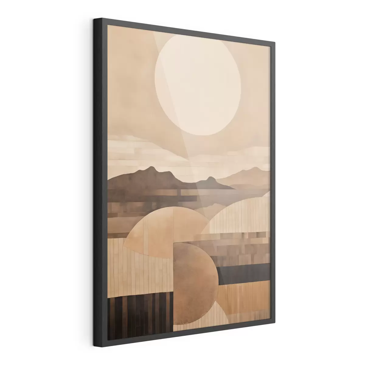 Plakat Minimalistyczny pejzaż z geometrycznymi kształtami, góry w odcieniach sepii f49484