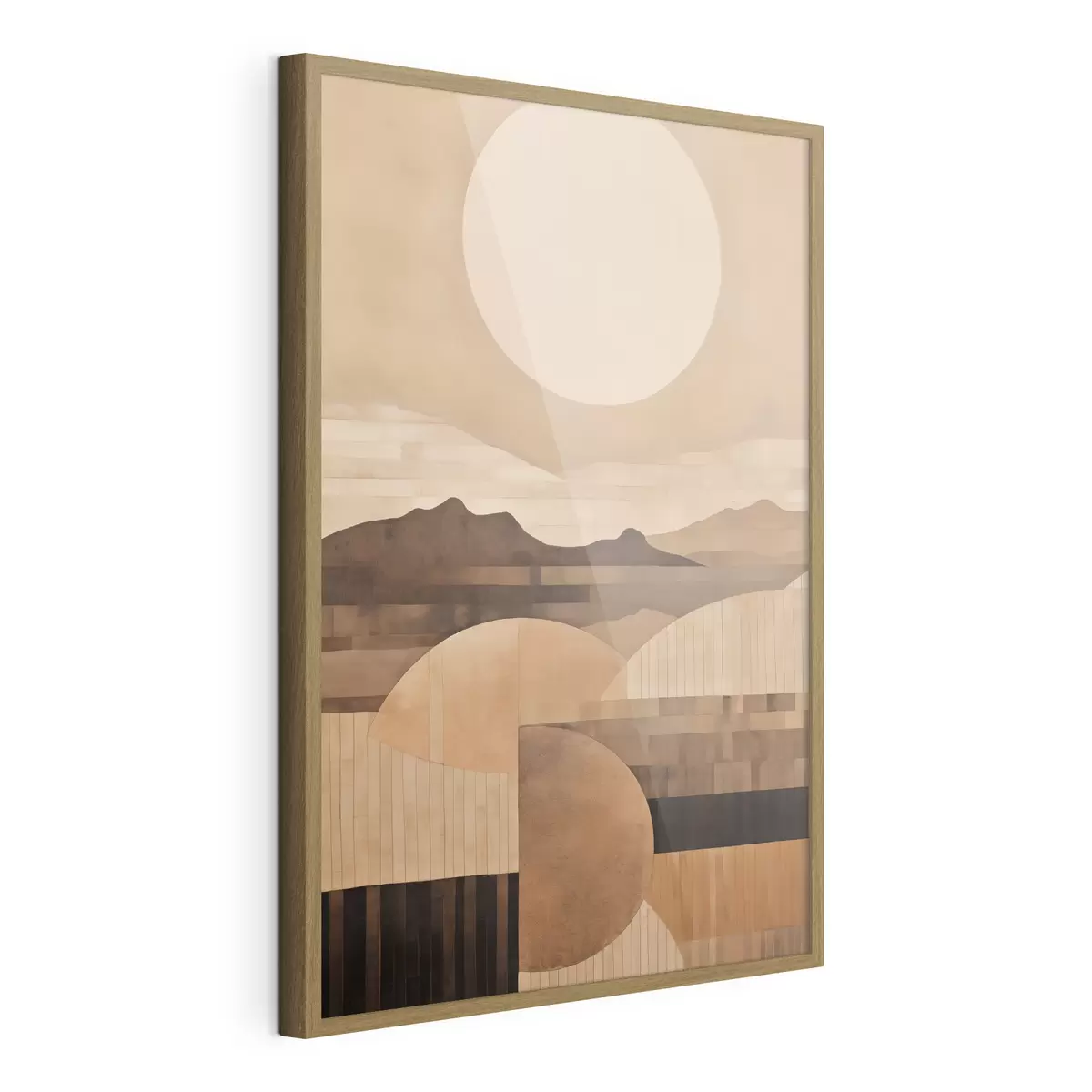 Plakat Minimalistyczny pejzaż z geometrycznymi kształtami, góry w odcieniach sepii f49484