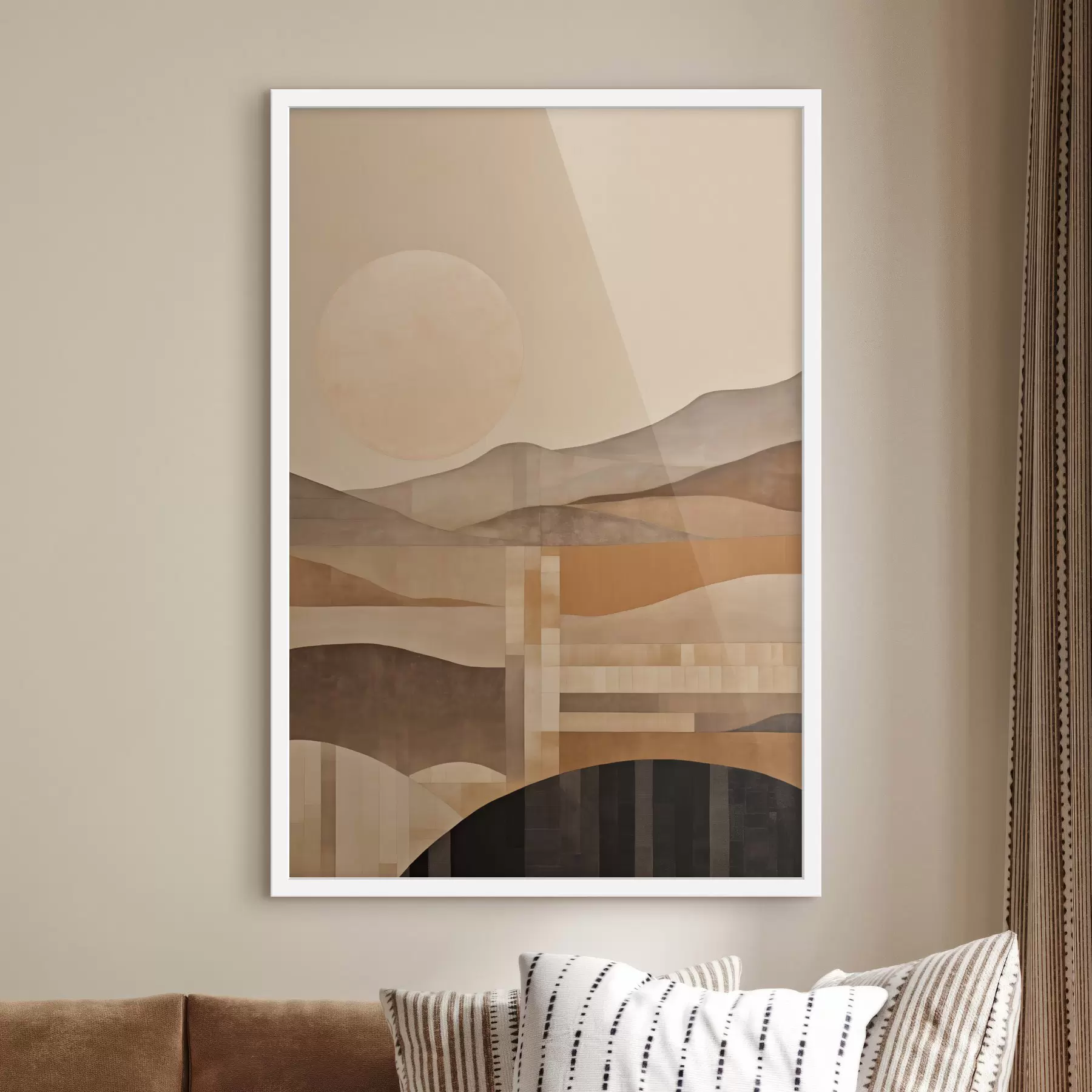 Fototapeta Minimalistyczny pejzaż z geometrycznymi kształtami, góry w odcieniach sepii f49485