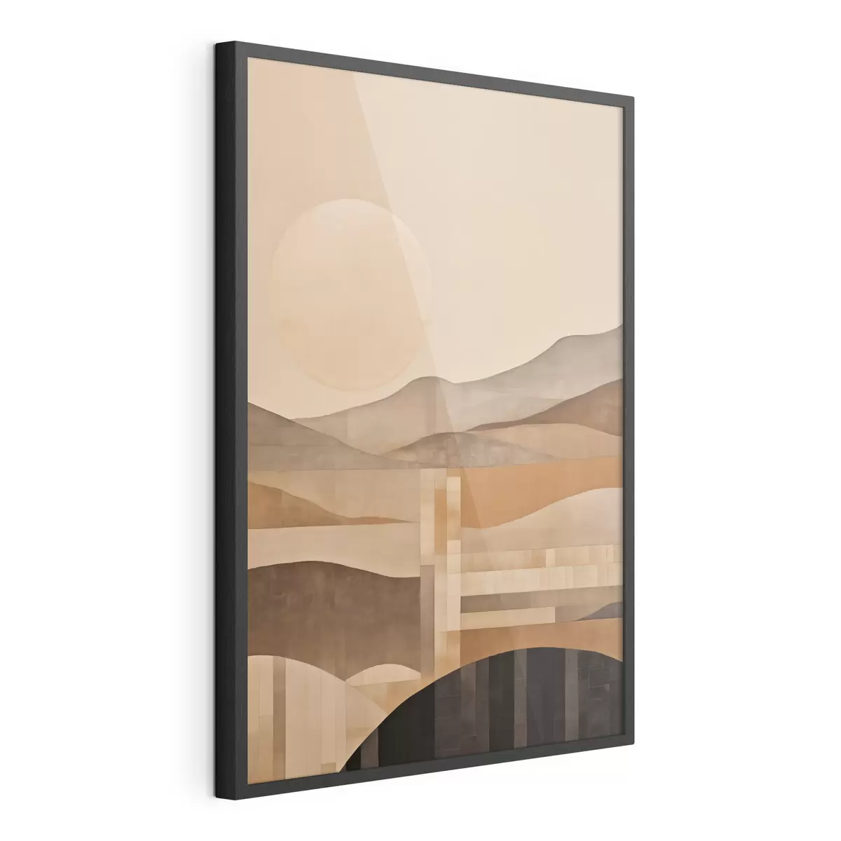 Plakat Minimalistyczny pejzaż z geometrycznymi kształtami, góry w odcieniach sepii f49485