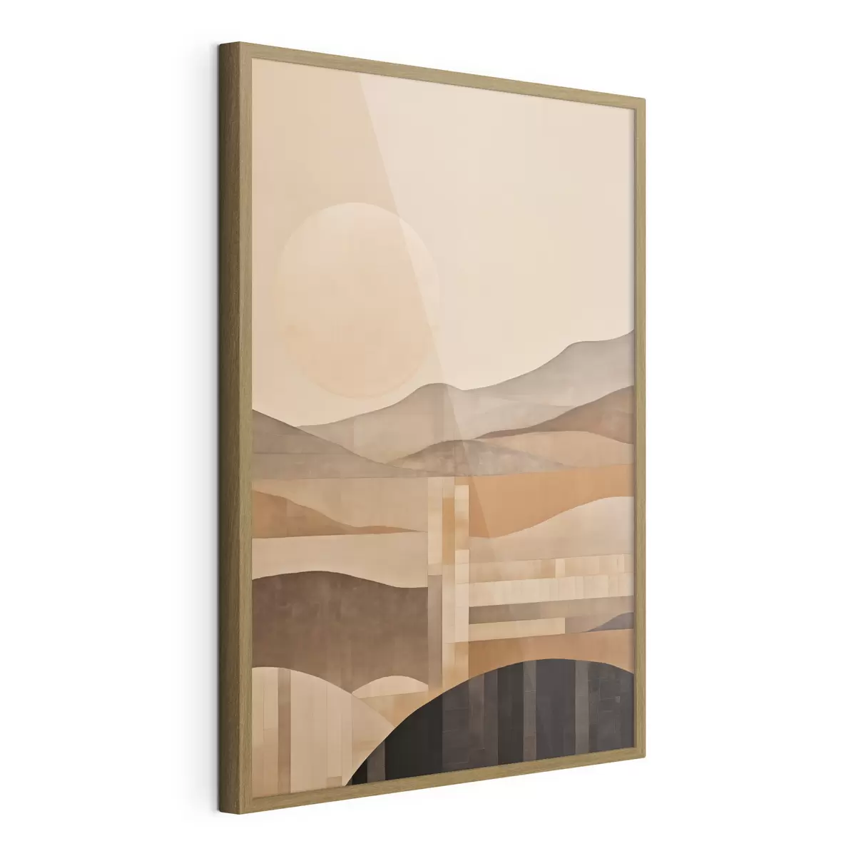 Plakat Minimalistyczny pejzaż z geometrycznymi kształtami, góry w odcieniach sepii f49485