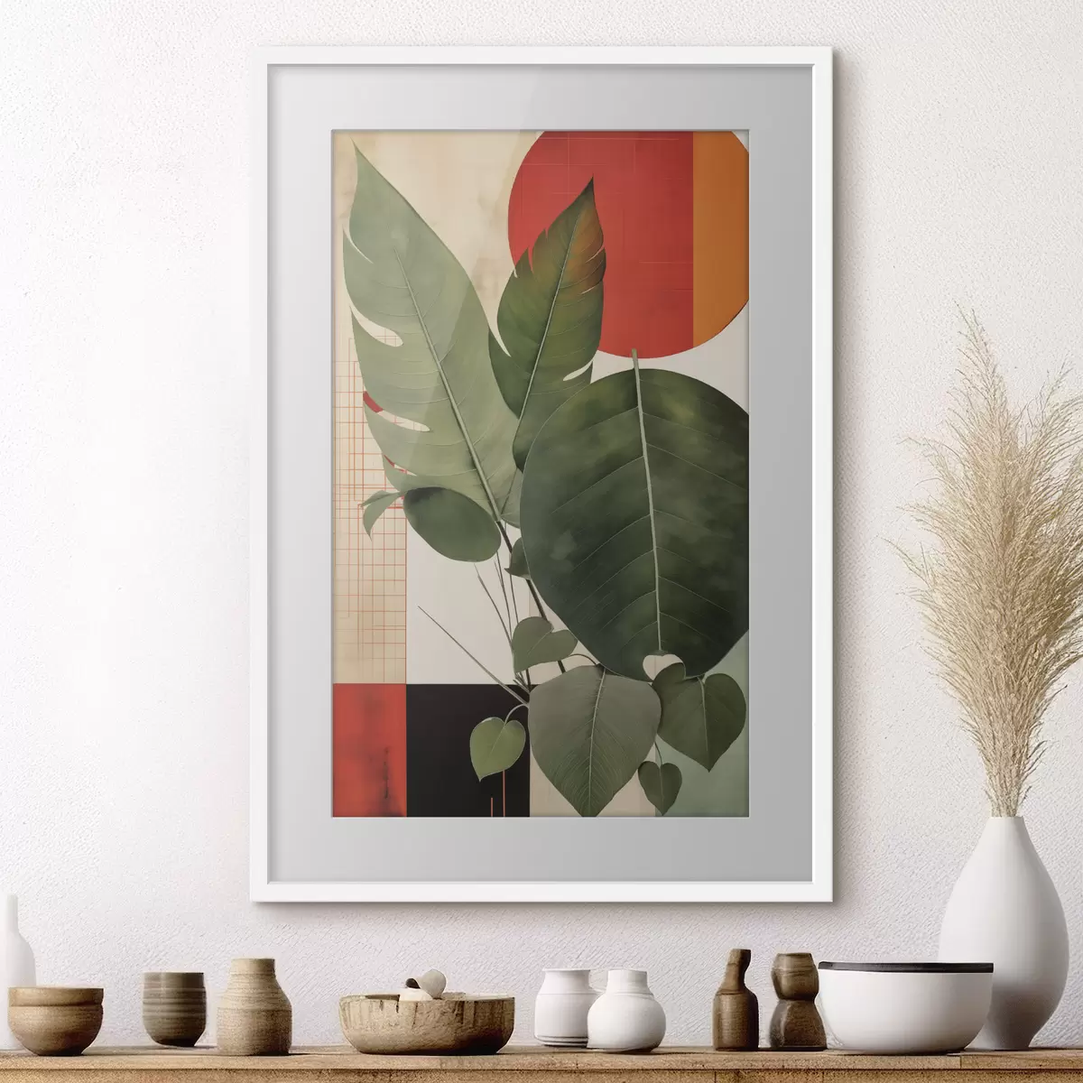 Plakat Duże liście na geometrycznym tle, w stylu abstrakcyjnej sztuki współczesnej f49490