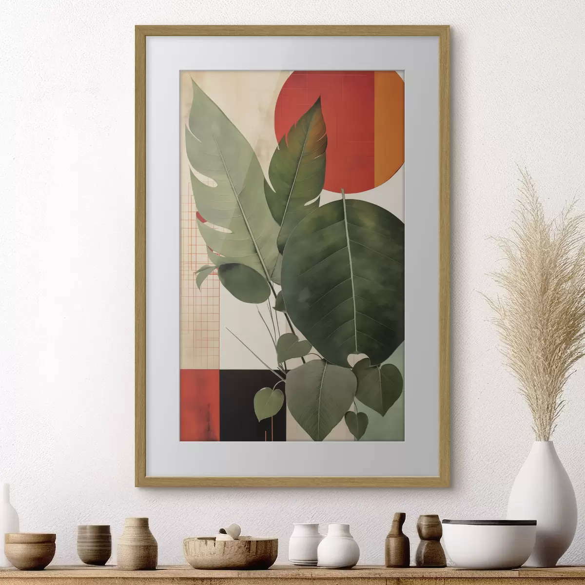 Plakat Duże liście na geometrycznym tle, w stylu abstrakcyjnej sztuki współczesnej f49490