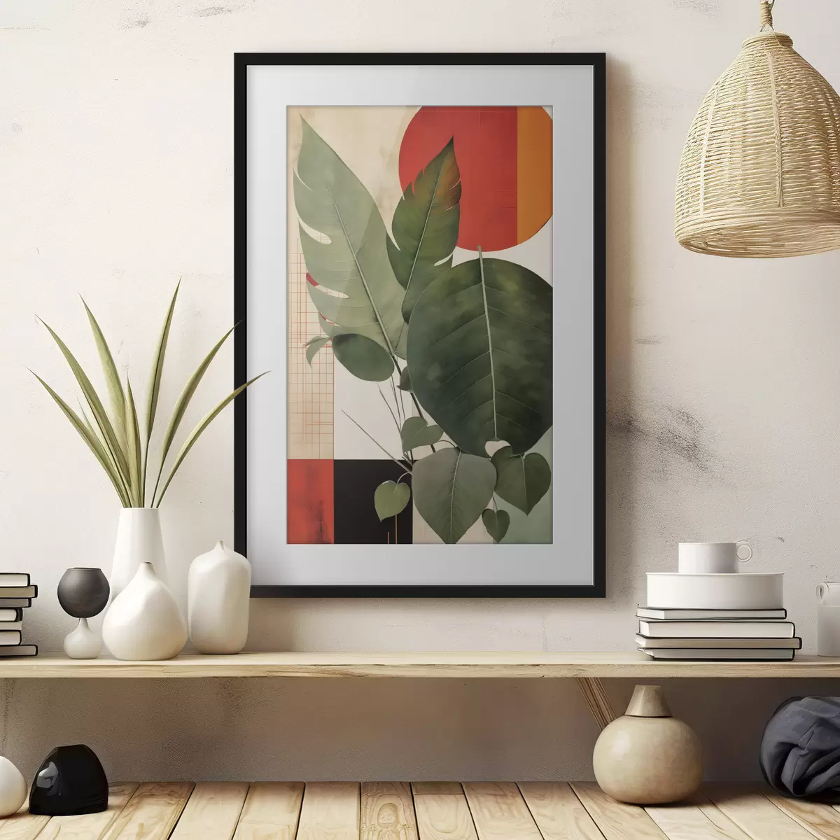 Plakat Duże liście na geometrycznym tle, w stylu abstrakcyjnej sztuki współczesnej f49490