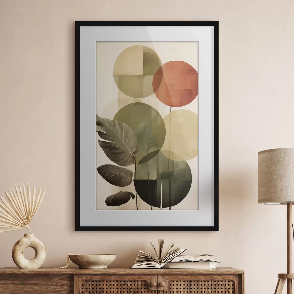 Plakat Liście na geometrycznym tle, w stylu abstrakcyjnej sztuki współczesnej f49491