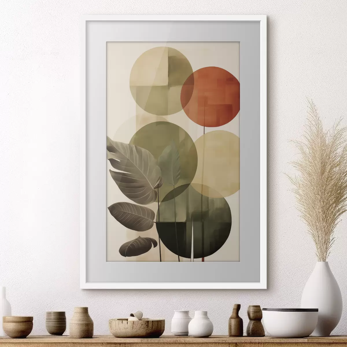 Plakat Liście na geometrycznym tle, w stylu abstrakcyjnej sztuki współczesnej f49491