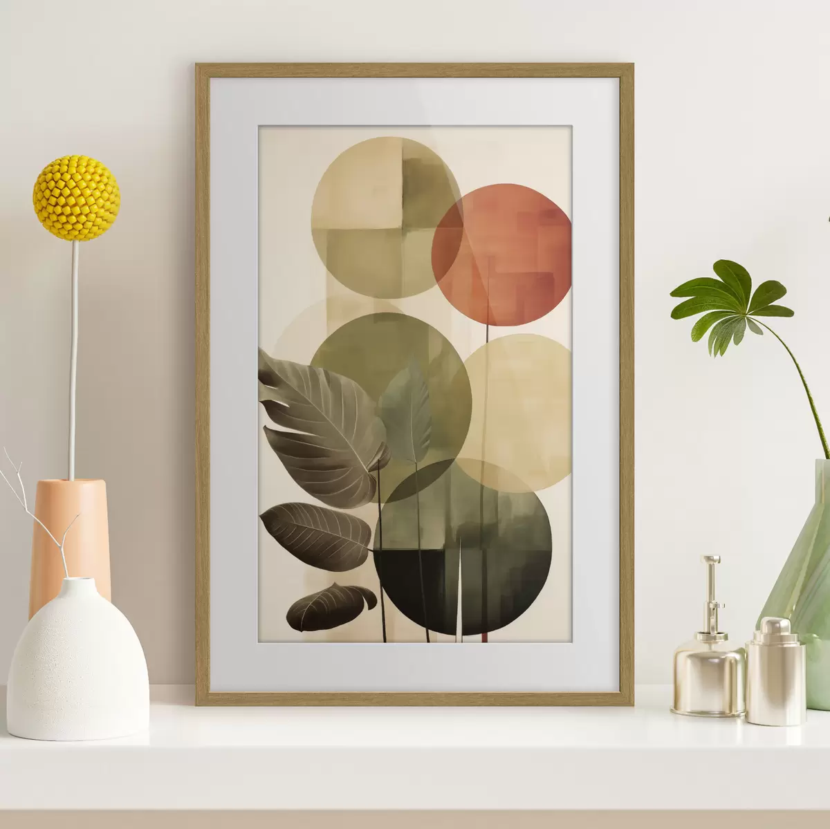 Plakat Liście na geometrycznym tle, w stylu abstrakcyjnej sztuki współczesnej f49491