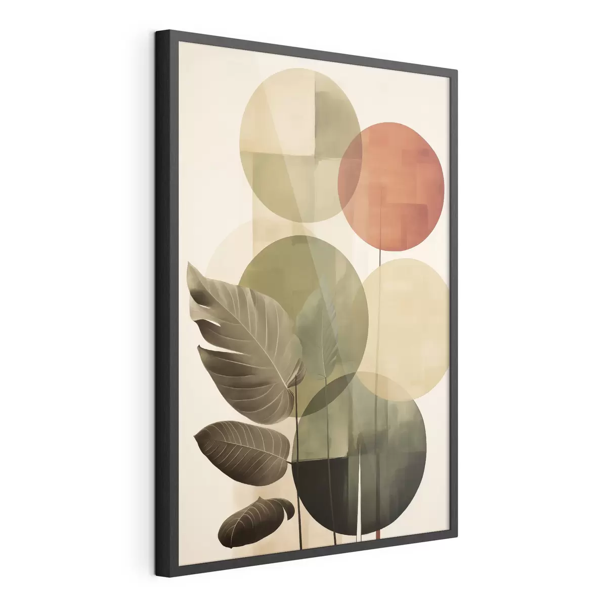 Plakat Liście na geometrycznym tle, w stylu abstrakcyjnej sztuki współczesnej f49491
