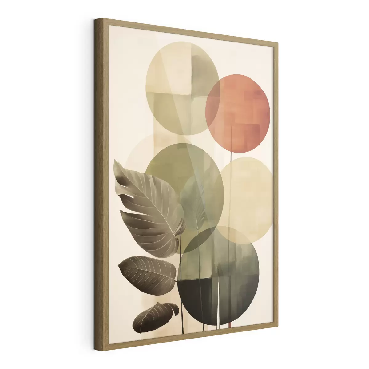 Plakat Liście na geometrycznym tle, w stylu abstrakcyjnej sztuki współczesnej f49491