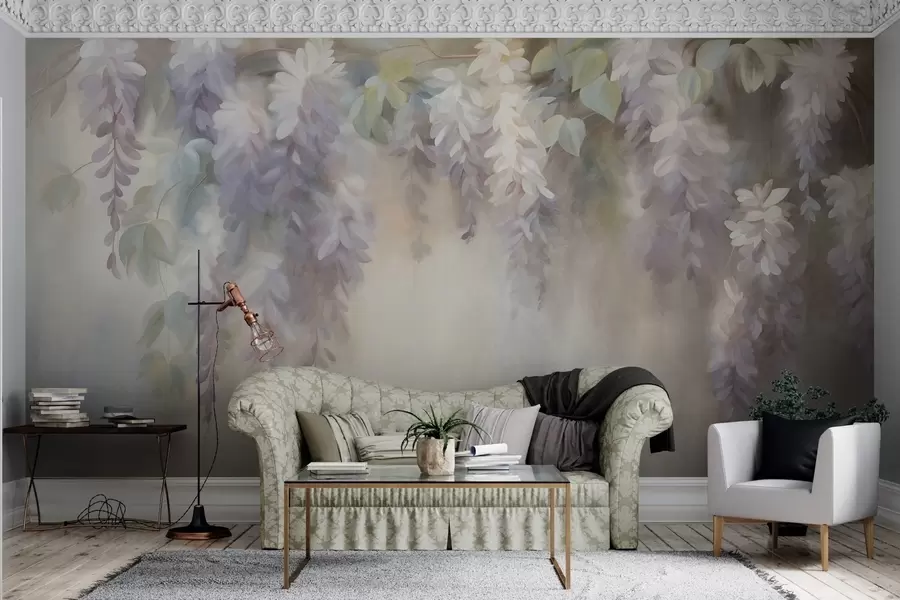 Fototapeta Teksturowane, jasnofioletowe kwiaty glicynii zwisające wraz z zielonymi liśćmi na pastelowym tle w09896