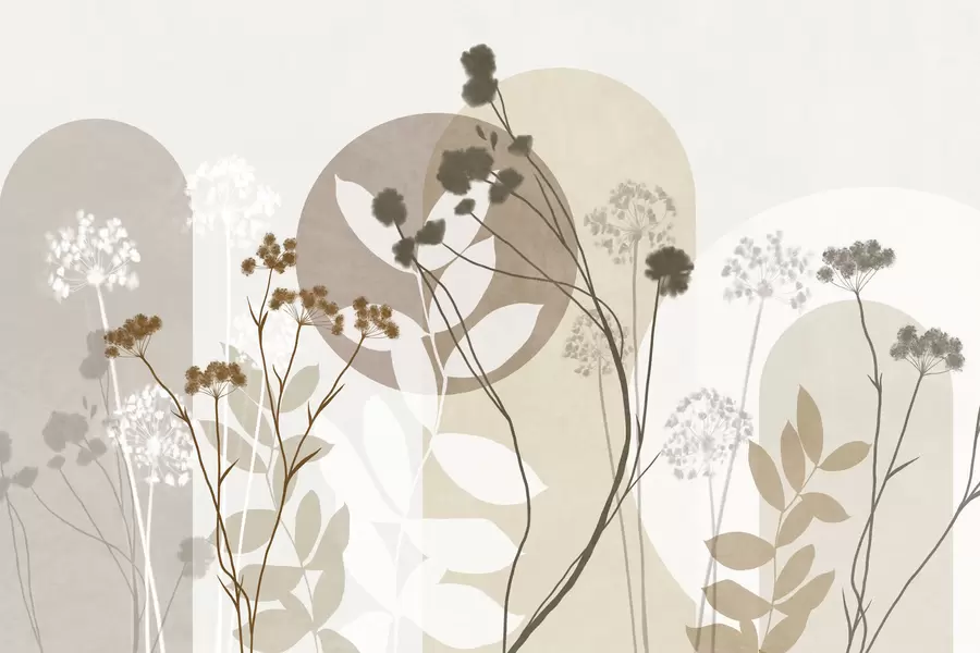 Fototapeta Botaniczna i minimalistyczna kompozycja z suszonych kwiatów i liści z abstrakcyjnymi geometrycznymi motywami w09906