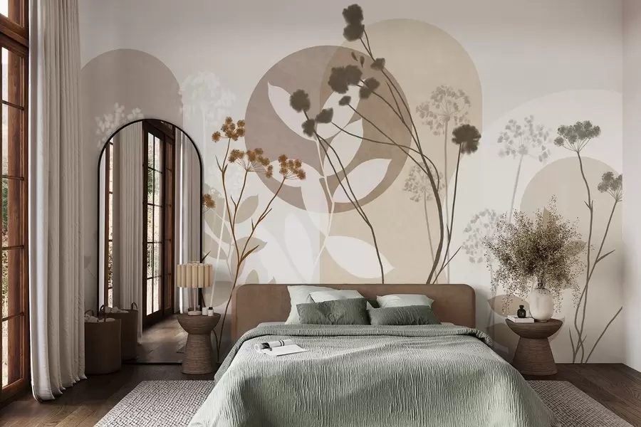 Fototapeta Botaniczna i minimalistyczna kompozycja z suszonych kwiatów i liści z abstrakcyjnymi geometrycznymi motywami w09906