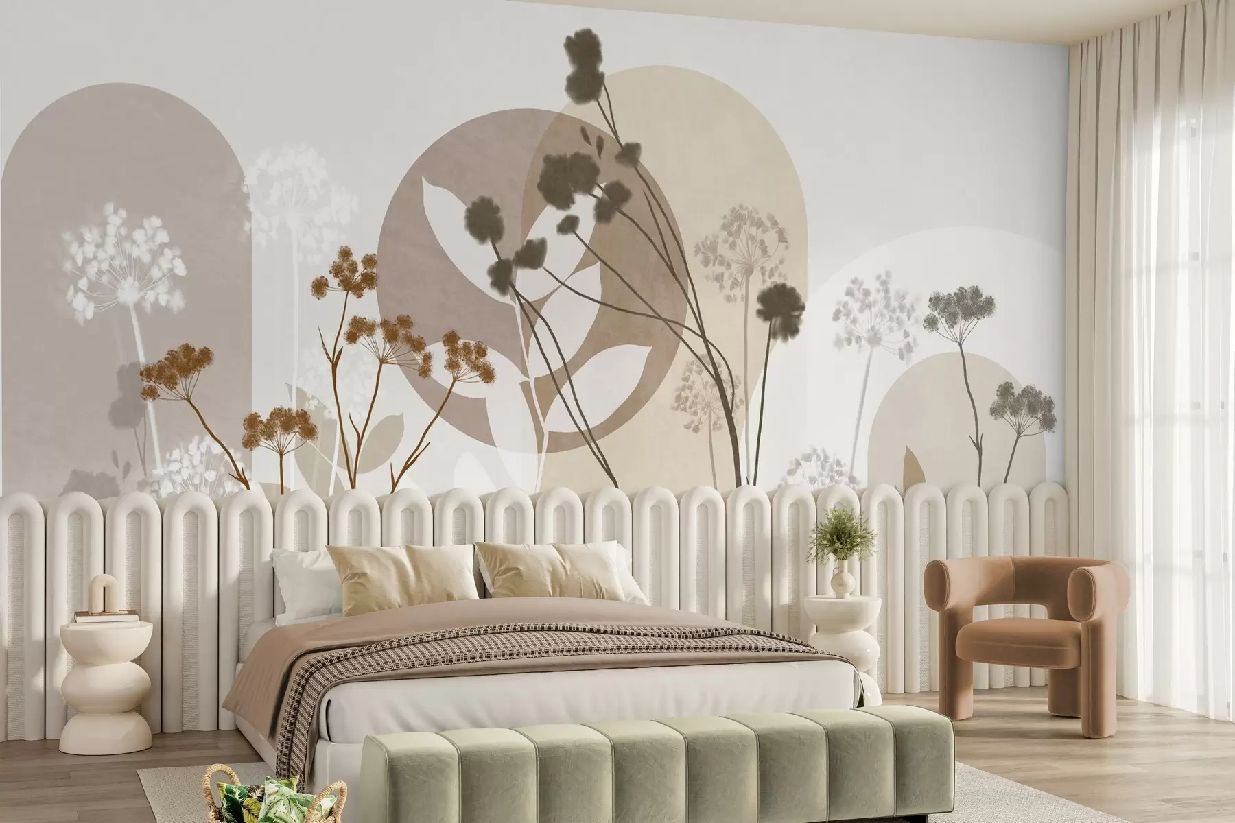 Fototapeta Botaniczna i minimalistyczna kompozycja z suszonych kwiatów i liści z abstrakcyjnymi geometrycznymi motywami w09906