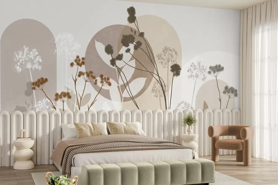 Fototapeta Botaniczna i minimalistyczna kompozycja z suszonych kwiatów i liści z abstrakcyjnymi geometrycznymi motywami w09906