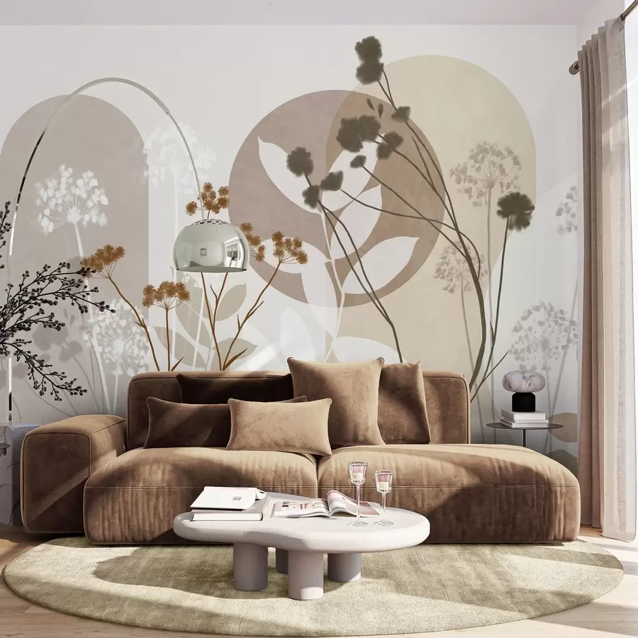 Fototapeta Botaniczna i minimalistyczna kompozycja z suszonych kwiatów i liści z abstrakcyjnymi geometrycznymi motywami w09906