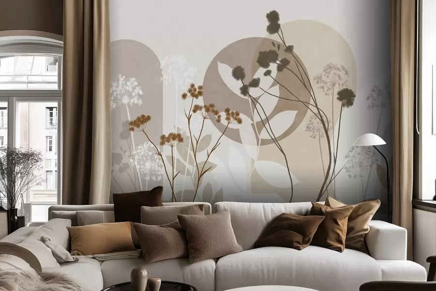 Fototapeta Botaniczna i minimalistyczna kompozycja z suszonych kwiatów i liści z abstrakcyjnymi geometrycznymi motywami w09906