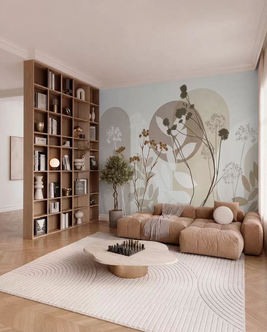 Fototapeta Botaniczna i minimalistyczna kompozycja z suszonych kwiatów i liści z abstrakcyjnymi geometrycznymi motywami w09906