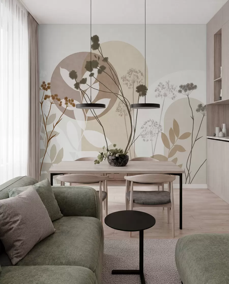 Fototapeta Botaniczna i minimalistyczna kompozycja z suszonych kwiatów i liści z abstrakcyjnymi geometrycznymi motywami w09906