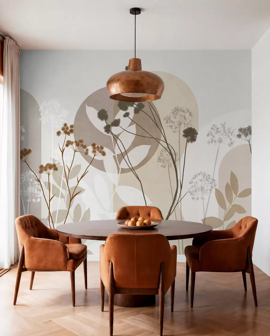 Fototapeta Botaniczna i minimalistyczna kompozycja z suszonych kwiatów i liści z abstrakcyjnymi geometrycznymi motywami w09906