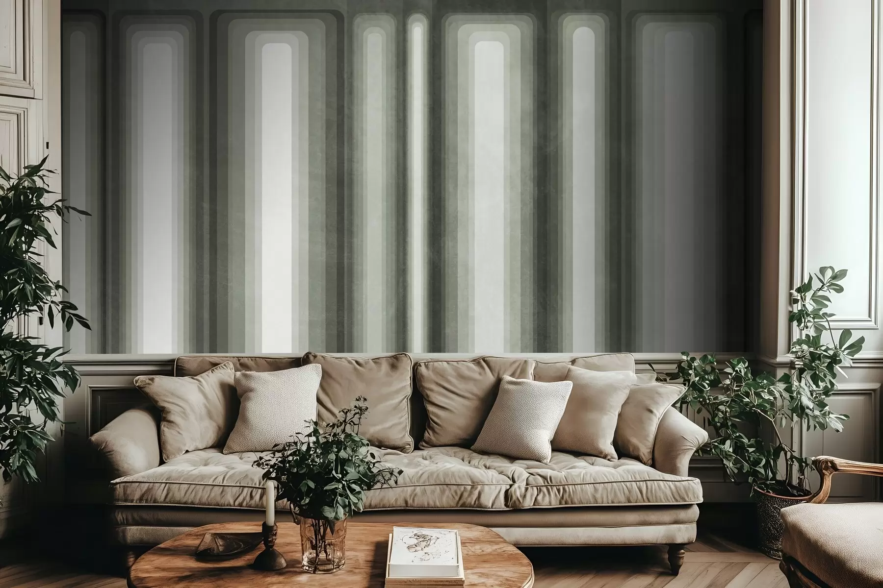 Fototapeta Teksturowane, abstrakcyjne, pionowe prostokąty o zaokrąglonych krawędziach w stonowanych odcieniach zieleni w09905v2