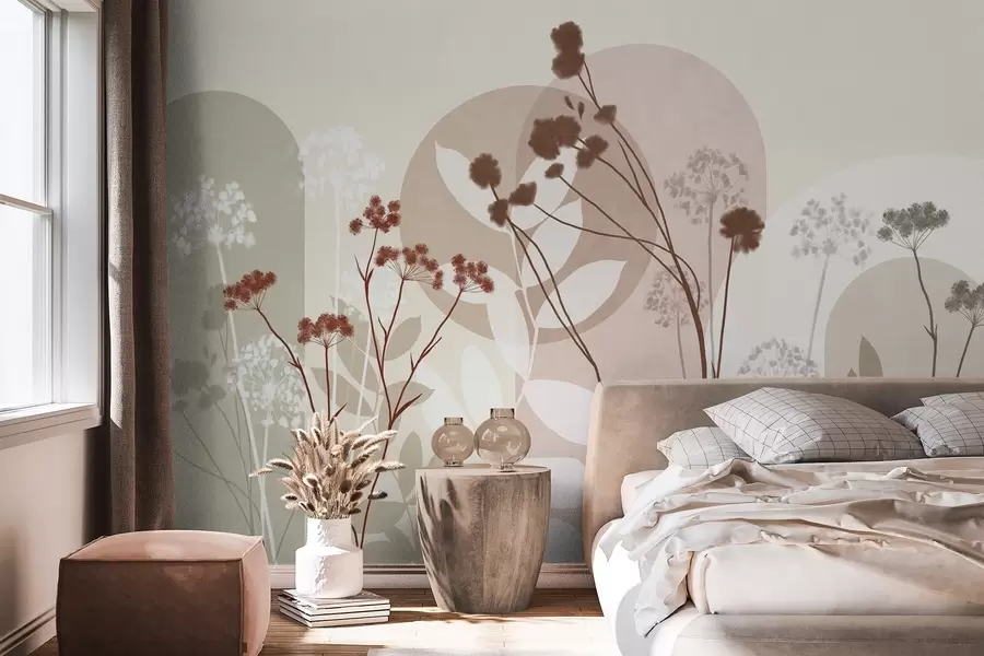 Fototapeta Botaniczna i minimalistyczna kompozycja z suszonych kwiatów i liści z abstrakcyjnymi geometrycznymi motywami w09906v1